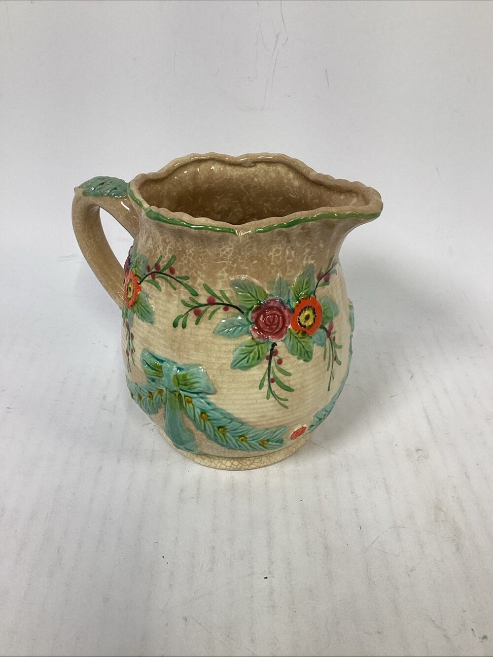 Vintage Majolica Colorful Floral Milk Pitcher - 5.5”H